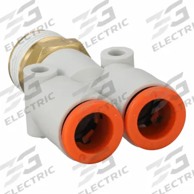 SMC Push-Fit Wye Fitting: 3/8 in OD x 3/8 in OD x 3/8 in Pipe x 3/8 in Pipe Size - Polybutylene & Brass Tube Fittings