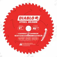 DIABLO Circular Saw Blade: 9 in Blade Dia., 46 Teeth, 0.08 in Cut Wd, 1 in Arbor Size, Cermet (MPN D0946CF). Key specifications — attr1116119: DIABLO; attr1145631: Ferrous Metals.