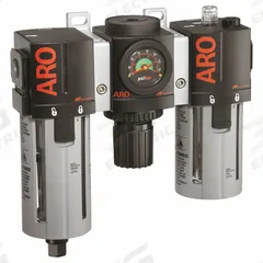 ARO Filter/Regulator/Lubricator: 1/2 in NPT, 150 scfm, 140 psi Max Op Pressure, 5 micron, Auto Drain (MPN C38341-801). Key specifications — attr109588: 2000; attr109524: ARO.