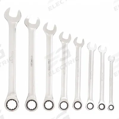 WESTWARD Combination Wrench Set: Alloy Steel, Chrome, 8 Tools - SAE 12-Point Ratcheting Combination Wrench Sets