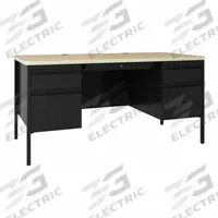 HIRSH Double Pedestal Desk: Melamine Laminate/Particleboard, Maple, 2 Pedestals, 4 Drawers (MPN 25054). Key specifications — Desktop Material: Particleboard; Includes Modesty Panel: Yes; Pedestal Location: Double Pedestal; Kit Product Type: Double Pedestal Desk; Desktop Color: Maple; Brand: HIRSH; Frame Color: Black; Frame Material: Steel.