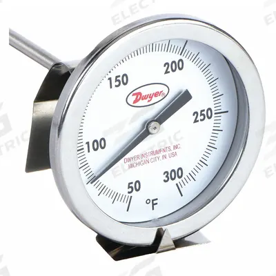 Dwyer Clip On Dial Thermometer: 0°F to 220°F, +/- 2% Accuracy, 5 in Stem Lg - General Purpose Vat & Pan Clip-On Dial Thermometers