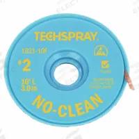 TECHSPRAY Desoldering Braid: No-Clean Flux, # 2, 0.055 in, 10 ft, Yellow, ESD-Safe (MPN 1821-10F). Key specifications — Color: Yellow; Brand: TECHSPRAY; Manufacturer Part Number: 1821-10F.