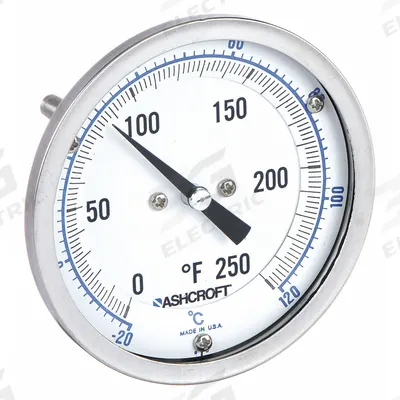 ASHCROFT Dial Thermometer: 0°F to 250°F /-20°C to 120°C, ±1% Accuracy, 2.5 in Stem Lg - Back-Mount Fixed-Angle Thread-Mount Dial Thermometers