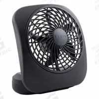 TREVA/O2COOL Cooling Fan: 5 in Blade Dia, Non-Oscillating, 118 cfm_187 cfm Airflow, Flat, 2 Speeds (MPN FD05004 - Black). Key specifications — Voltage: 3V DC; Oscillation: Non-Oscillating; Number of Speeds: 2; Power Source: Battery; Brand: TREVA/O2COOL.