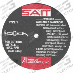 SAIT Abrasive Cut-Off Wheel: Type 1, 3" x 1/16" x 1/4", Aluminum Oxide, 36 Grit, A36T (MPN 23042). Key specifications — Series: A36T; Brand: UNITED ABRASIVES-SAIT.