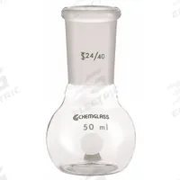 CHEMGLASS Boiling Flask: 125 mL, Colorless, flat bottom, A, 24/40 Compatible with Stopper Size (MPN CG-1500-02). Key specifications — Shape: flat bottom; Body Color: Colorless; Brand: CHEMGLASS; Compatible with Stopper Size: 24/40; USP Specification: Type I.