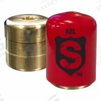 SHIELD Refrigerant Locking Cap: Brass, 1/4 in Connection, 1 in Lg, R-32/R-454B (MPN SHLD-A2L4). Key specifications — Includes: Tamper-Resistant Bit; Unlocking Method: Bit and Driver; Compatible Refrigerant Type: R-454B; Brand: SHIELD; Cap Material: Brass; Sleeve Color: Red.