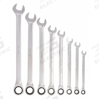 WESTWARD Combination Wrench Set: Alloy Steel, Chrome, 8 Tools - SAE 12-Point Ratcheting Combination Wrench Sets