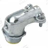 Connector - Clamp Style, 90 Degrees: Iron, 1 1/2 in Trade Size, 1 1/2 in MNPT, Insulated (MPN 3206). Key specifications — Box Connection: 1-1/2 in MNPT; Connection Type: Squeeze; Color: Gray; Connection Orientation: 90°; Cable Clamping Method: Squeeze Clamp; Material: Iron; Insulated: Yes; For Use With: Flexible Conduit.