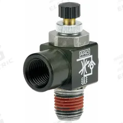 ARO Cylinder Port Flow Control Valve: Elbow Fitting, Knurled, 1/2 in Valve Body Size, 1/8 in NPT (MPN 119308-125). Key specifications — attr947203: Stainless Steel; attr947205: ARO.