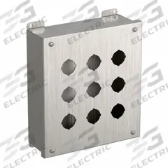 HAMMOND Push Button Enclosure: 30mm, 9 Holes, 304 Stainless Steel, NEMA 3R/4/4X (MPN 1435SSK). Key specifications — attr211299: HAMMOND; attr1043605: Washdown-Corrosion-Resistant.