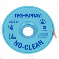 TECHSPRAY Desoldering Braid: No-Clean Flux, # 4, 0.098 in, 5 ft, Blue, ESD-Safe (MPN 1823-5F). Key specifications — Color: Blue; Brand: TECHSPRAY; Manufacturer Part Number: 1823-5F.