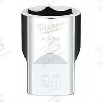 MILWAUKEE Standard Socket: Metric, 1/2 in Drive Size, 20 mm Socket Size, 6-Point, Std, Chrome (MPN 45-34-9121). Key specifications — attr1204417: MILWAUKEE; attr1204392: Chrome.