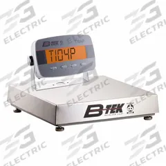 B-TEK Industrial Bench Scale: 12 in x 12 in, IP54, Corded Remote, 50 lb Wt Capacity - Imperial (MPN BT-B-1212C-50-I-2). Key specifications — Connection Ports: RS-232; Readability: 5 g/0.005 kg/0.2 oz/0.01lb; Brand: B-TEK; Weighing Surface Material: Stainless Steel.
