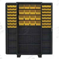 JAMCO Bin Cabinet: 36 in x 24 in 78 in, 8 Shelves, 64 Bins, Yellow, Deep Box, 14 ga Panel, Black (MPN DU236BL). Key specifications — Bin Color: Yellow; Bin HxWxD: (48) 3 in x 4-1/8 in x 7-1/2 in; Assembled: Assembled; Cabinet Style: Shelf and Bin; Brand: JAMCO; Cabinet Color: Black; Cabinet Finish: Powder Coated; Cabinet Material: Steel.
