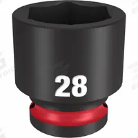 MILWAUKEE Standard Impact Socket: 1/2 in Drive Size, Metric, 28 mm Socket Size, 6-Point, Std (MPN 49-66-6260). Key specifications — attr1215501: MILWAUKEE; attr1215515: Black Phosphate; attr1215518: 28 mm.