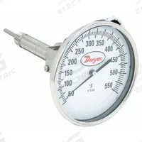 DWYER Dial Thermometer With Process Output: 50°F to 550°F, +/- 1% Accuracy, 2.5 in Stem Lg, Male (MPN BTO52571). Key specifications — Brand: DWYER; Accuracy: +/- 1%.
