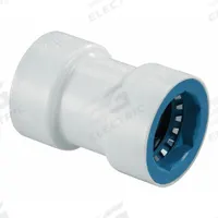HYDRORAIN Coupling: 3/4" Push x 3/4" Push, ABS Plastic, 150 psi Max Working Pressure, 2.38 in Wd (MPN 07776). Key specifications — attr1069071: 3/4" Push x 3/4" Push; attr1069078: ABS Plastic; attr1069080: Coupling.