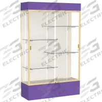 GHENT Freestanding Display Case: Purple, 80 in Overall Ht, 48 in Overall Wd, 16 in Overall Dp (MPN 3174PB-GD-PE). Key specifications — Back Material: Plaque Fabric; Material: Aluminum.