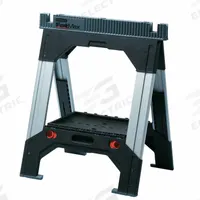 STANLEY Adjustable Folding Sawhorse: Adj Ht, Plastic, 26 4/5 in Overall Wd (MPN 011031S). Key specifications — Height Adjustability: Adjustable Height; Height Adjustment Mechanism: Slide Mechanism; Brand: STANLEY; Portability: Fold-Up Legs; Top Material: Plastic; Included Components: No Additional Components; Expandable Work Surface: Yes; Clamping System: None.
