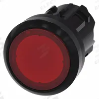 SIEMENS Flush Push Button: Red, 22 mm Mounting Size, Non-Metallic, Maintained (MPN 3SU1001-0AA20-0AA0). Key specifications — Brand: SIEMENS; Action: Maintained; Series: 3SU; Push Button Material Type: Non-Metallic.