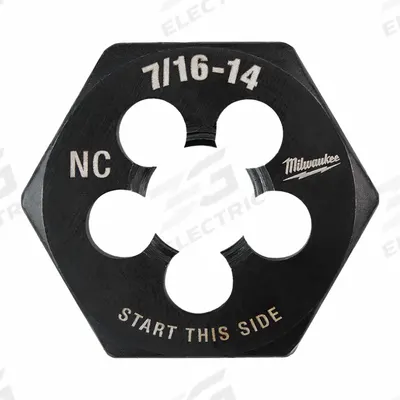 MILWAUKEE Hex Threading Die: 7/16"-14 UNC, 1 in Hex Wd, Black Oxide Carbon Steel (MPN 49-57-5355) - Solid Hex Rethreading Dies
