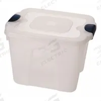 HOMZ Storage Tote: 10 gal, 19 in x 15 3/4 in x 13 1/2 in, Clear Body, Clear Lid, Not NSF Certified (MPN 8510GRCL.10). Key specifications — attr1188666: Plastic; attr1188671: Rounded; attr1188675: Clear; attr1188676: Clear; attr1188687: HOMZ; attr1188688: Not NSF Certified; attr1188689: Nesting Capable.