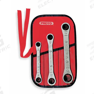 PROTO Box End Wrench Set: Alloy Steel, Chrome, 3 Tools, 3/8 in to 3/4 in Range of Head Sizes - SAE, Double End, 12-Point, Ratcheting Box End Wrench Sets