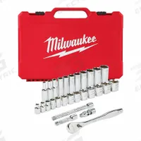 MILWAUKEE Socket Wrench Set: 3/8 in Drive, 28 Piece, 6-Point, SAE, 1/4 in to 1 in (MPN 48-22-9408). Key specifications — attr1224269: 3/8 in; attr1204638: Drive Tools Included; attr1204650: 1/4 in to 1 in; attr1204673: Socket Bits Not Included; attr1204681: Wrenches Not Included; attr1204688: MILWAUKEE; attr1224230: Friction; attr1206170: Drive Tools.