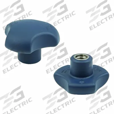 ELESA Hand Knob: 3 Point, M6 Thread, Stud, RAL 5001 Blue, Plastic, SS Thread - Metal-Detectable 3-Arm Knobs with Threaded Stud