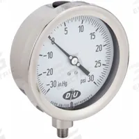 DURO Industrial Compound Gauge: 0 psi to 30 psi, White, 4 1/2 in Dial, 1/4 in NPT Male, Bottom, 4 (MPN 4.2072213E7). Key specifications — Brand: DURO; Pointer Color: Black; Accuracy: ±0.5%; Dial Color: White; Gauge Wetted Parts: Stainless Steel; Case Material: Stainless Steel; Vibration Resistance Properties: None; Pressure Range: 0 psi to 30 psi.
