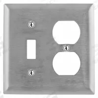 HUBBELL Wall Plate: Combo, 2 Gang, Silver, Std Size (MPN SS18). Key specifications — Brand: HUBBELL; Material: Stainless Steel.