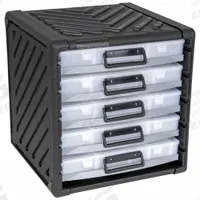 FLAMBEAU Small Parts Storage System: 14 3/4 in x 15 1/4 in x 16 in, Black/Clear, 16 Adj Dividers (MPN 8500JT). Key specifications — ESD Conductive: Not Electrostatic Discharge Conductive; Color: Black/Clear; Compartment WxD: 13-1/8 x 1-15/16 in; Brand: FLAMBEAU; Material: Plastic.