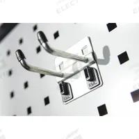 KENNEDY Double Rod Pegboard Hook: 2 in x 2 1/4 in x 2 3/8 in, 10 Hooks, 2 in Hook Dp, Locking Clip (MPN 99829). Key specifications — Mounting Type: Surface; Finish: Zinc-Plated; Color: Silver; Accessory Type: 10-Degree Double Rod Hook; Locking System: Locking Clip; Material: Steel; Brand: KENNEDY.