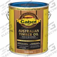 CABOT Wood Stain: Wood Stain, Exterior, Oil, 1 gal Container Size, Wood, Flat, Honey Teak (MPN 140.0019458.007). Key specifications — Brand: CABOT; Transparency: Transparent; Use Location: Exterior; Sheen: Flat; Sub-Brand: Australian Timber Oil Wood; Color: Honey Teak.