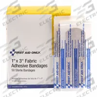 FIRST AID ONLY Adhesive Bandage: Strip Bandages, 1 in Wd, 3 in Lg, Not Metal Detectable, Fabric (MPN G121). Key specifications — Product Type: Strip Bandages; Unitized: Unitized; Water Resistance: Not Water Resistant; Brand: FIRST AID ONLY; Latex Content: Latex Free; Metal Detectable: Not Metal Detectable; Package Type: Box; Manufacturer Part Number: G121.