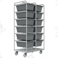 DURHAM MFG Tub Cart: 1,200 lb, 12 Bins/Tubs, Gray, 26 in L x 37 in W x 74 in H, Gray, 2 Usable Sides (MPN STBR-303672-12-5PU). Key specifications — Color: Gray; Includes: Bottom Shelf; Caster/Wheel Configuration: (2) Swivel with Brake; Bin Color: Gray; Brand: DURHAM MFG.