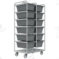 DURHAM MFG Tub Cart: 1,200 lb, 12 Bins/Tubs, Gray, 26 in L x 37 in W x 74 in H, Gray, 2 Usable Sides (MPN STBR-303672-12-5PU). Key specifications — Color: Gray; Includes: Bottom Shelf; Caster/Wheel Configuration: (2) Swivel with Brake; Bin Color: Gray; Brand: DURHAM MFG.