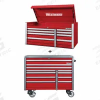 WESTWARD Rolling Cabinet Kit: 19 Drawers, Extra Heavy Duty, Keyed, Red / Powder Coated (MPN 361LP8). Key specifications — attr1116680: Red; attr1116684: Ball Bearing; attr1116690: WESTWARD; attr1116659: Keyed; attr1116661: Rolling Tool Cabinet 54 in W x 25-3/4 in D x 48-3/4 in H.