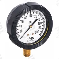 SPAN Pressure Gauge with Internal Seal: 0 psi to 200 psi, LFS-210, 2 1/2 in Dial, Buna-N, Brass, 4 (MPN LFS-210-200-G-KEMX). Key specifications — Brand: SPAN; Gauge Case Liquid: Glycerin; Seal Fill Liquid: Instrument Oil; Seal Lower Housing Material: Brass; Accuracy: ±1.00%; Gauge Wetted Parts: Brass / Copper.