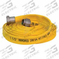 JAFX4 Fire Hose: 4-Layer, 1 1/2 in Hose Inside Dia, 25 ft Hose Lg, Yellow (MPN JX150Y025-NP150). Key specifications — attr660609: NPSH; attr660602: Rocker; attr660607: Aluminum; attr660629: Co-Extrusion Woven; attr660626: Reinforced Extruded Rubber.