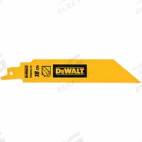 DEWALT Reciprocating Saw Blade: 18 Teeth per Inch, 6 in Blade Lg, 1 in Blade Thick, Bi-Metal, 5 PK (MPN DWAR6118). Key specifications — attr1109198: 18; attr1109200: Rigid for Straight Cuts; attr1109201: Straight; attr1109209: DEWALT.