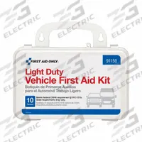 FIRST AID ONLY First Aid Kit: Vehicle, 10 People Served, 88 Components, Plastic (MPN 91150). Key specifications — Adhesive Bandages Included: (16) 1 in x 3 in Adhesive Plastic Bandages; Application: Vehicle; Brand: FIRST AID ONLY; Housing Color: White; Housing Material: Plastic; Includes Oral or Inhalant Medication: No Medication Included; Mountable: Wall Mount; Oral and Inhalant Medicinals Included: (1) Eye Wash.