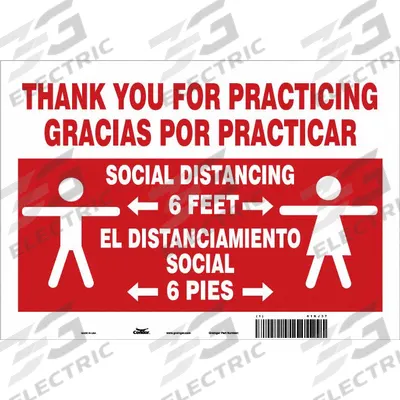 COVID 19 Social Distancing Sign: Plastic, White, Not Retroreflective, 7 in Ht - Thank You For Practicing Social Distancing 3 Feet Gracias Por Practicar El Distanciamiento Social 3 Pies