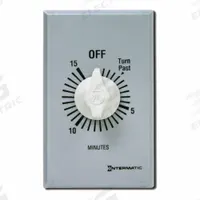 INTERMATIC Spring-Wound Timer: 15 min Max, DPST, 277V AC, Wall Plate Included, Silver (MPN FF415M). Key specifications — Brand: INTERMATIC; Includes Hold: No Hold Included.