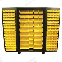 JAMCO Bin Cabinet: 48 in x 24 in 78 in, 0 Shelves, 163 Bins, Yellow, Flush, 14 ga Panel, Black, Bins (MPN DF248BL). Key specifications — Bin Color: Yellow; Bin HxWxD: (10) 7 in x 16-1/2 in x 14-3/4 in; Assembled: Assembled; Cabinet Style: Shelf and Bin; Brand: JAMCO; Cabinet Color: Black; Cabinet Finish: Powder Coated; Cabinet Material: Steel.