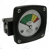 MIDWEST INSTRUMENT 3-Color Differential Pressure Indicator: 1,000 psig Max. Static Pressure, 522 (MPN 522A-005V). Key specifications — Brand: MIDWEST INSTRUMENT; Accuracy: ±5% of Full Scale; Sensor Material: Viton; Housing Material: Aluminum; Transition Points: 0 psid to 3 psid (Green) / 3 psid to 4 psid (Yellow) / 4 psid to 5 psid (Red).