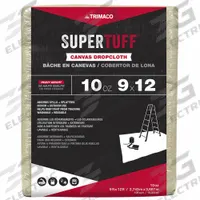 SUPERTUFF Drop Cloth: Extra Heavy Duty, Cotton Canvas, 32 mil Thick, 9 ft Wd, 12 ft Lg, White (MPN 51121). Key specifications — Color: White; Features: Ideal for Painting, Cleaning, Wallpapering and Removal; Material: Cotton Canvas; Brand: SUPERTUFF.