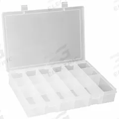 DURHAM MFG Compartment Box: 9 in x 13 1/8 in x 2 3/8 in, Clear, 18 Compartments, Snap (MPN LP18-CLEAR). Key specifications — ESD Conductive: Not Electrostatic Discharge Conductive; Color: Clear; Compartment WxD: (6) 2-1/16 in x 4-3/16 in; Brand: DURHAM MFG; Material: Plastic.